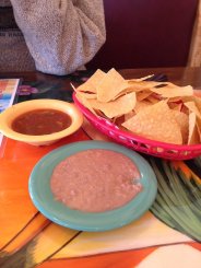 Refried beans with chips and salsa